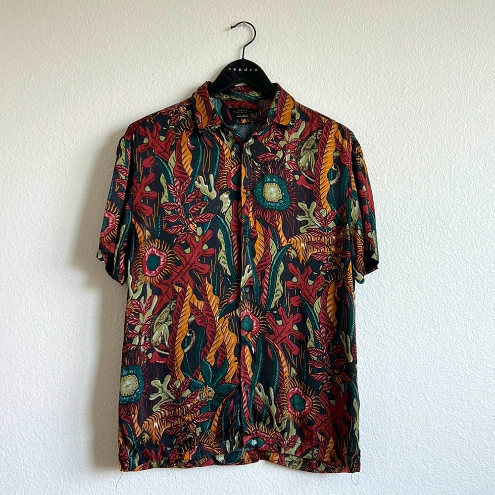Zara Button Up Short Sleeve Shirt, medium, red/green/orange